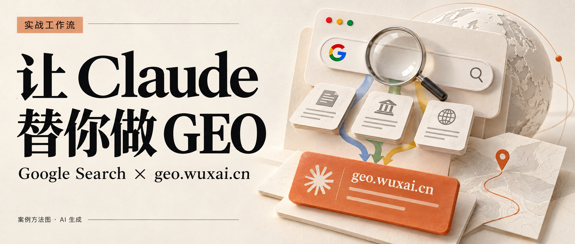让 Claude 替你做 GEO，Google Search 与 geo.wuxai.cn 案例封面